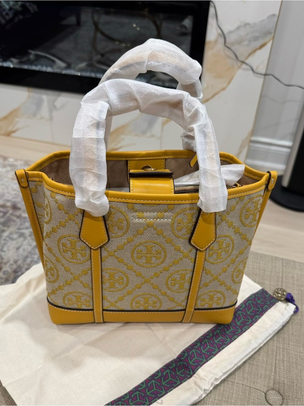 Tory Burch Yellow Logo Jacquard Tote with Leather Trim
